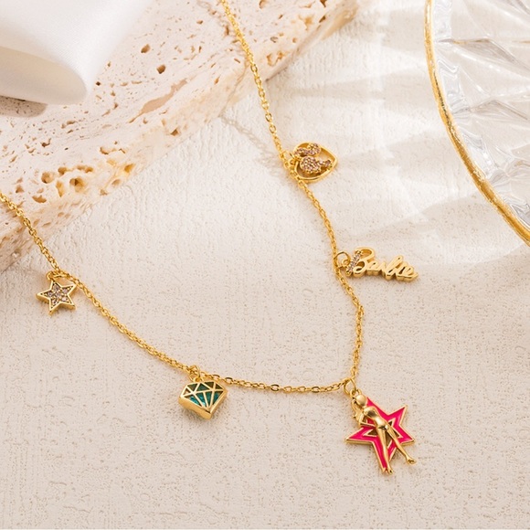 Barbie Jewelry - 14K Gold Barbie Theme Mismatched Pendants Charm Necklace (Star Silhouette Charm)
